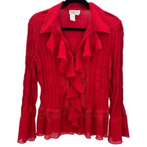 VTG Coldwater Creek Red Textured Ruffle Romantic Fairy Lace Blouse Shirt Size S
